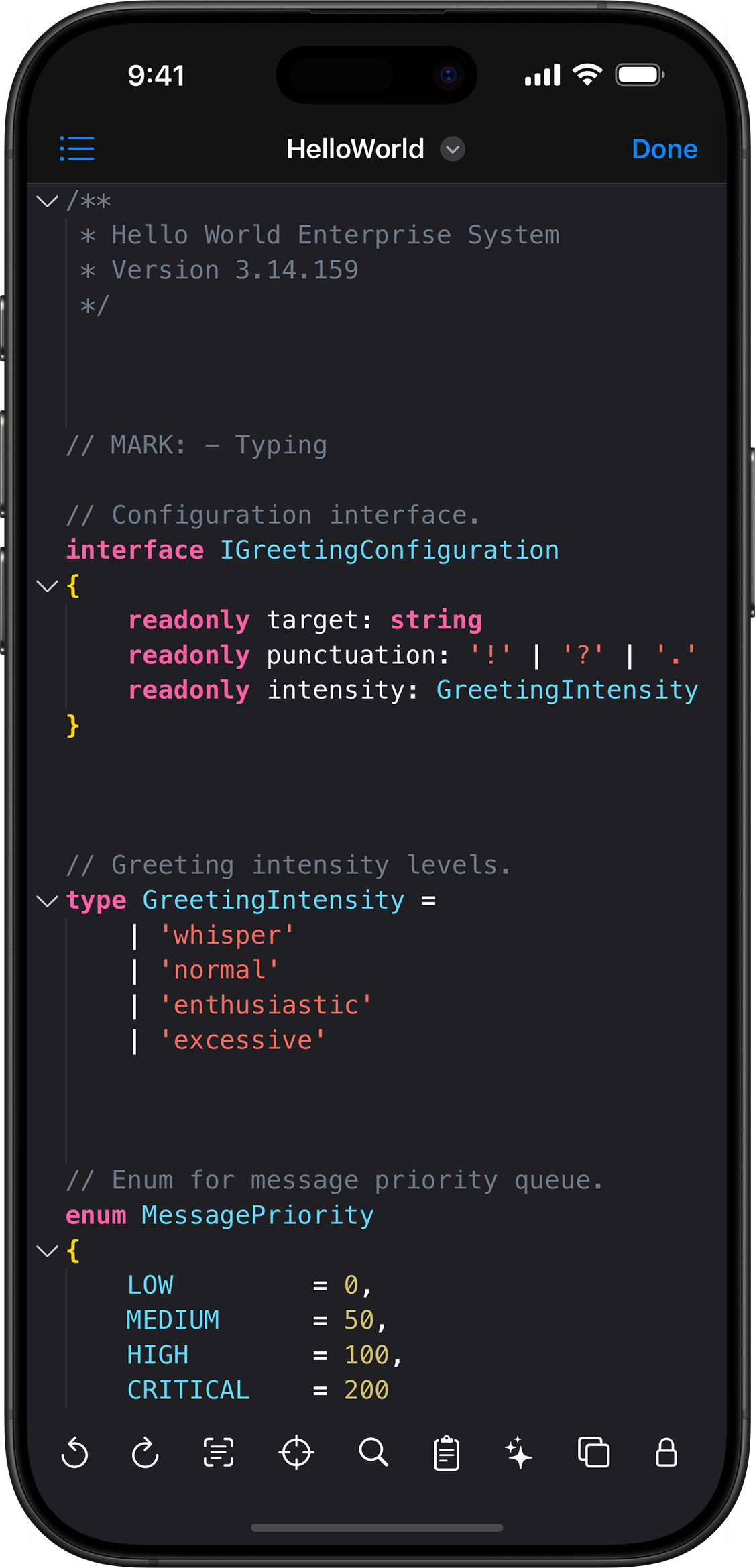 Syntax highlighting of TypeScript code.
