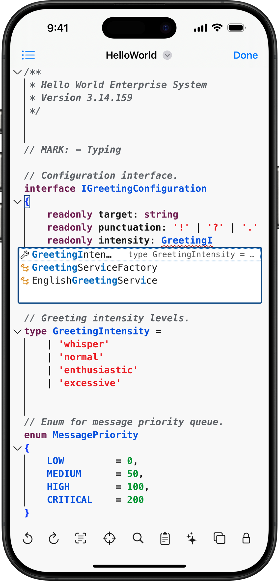 Autocompletion and error detection of TypeScript code.