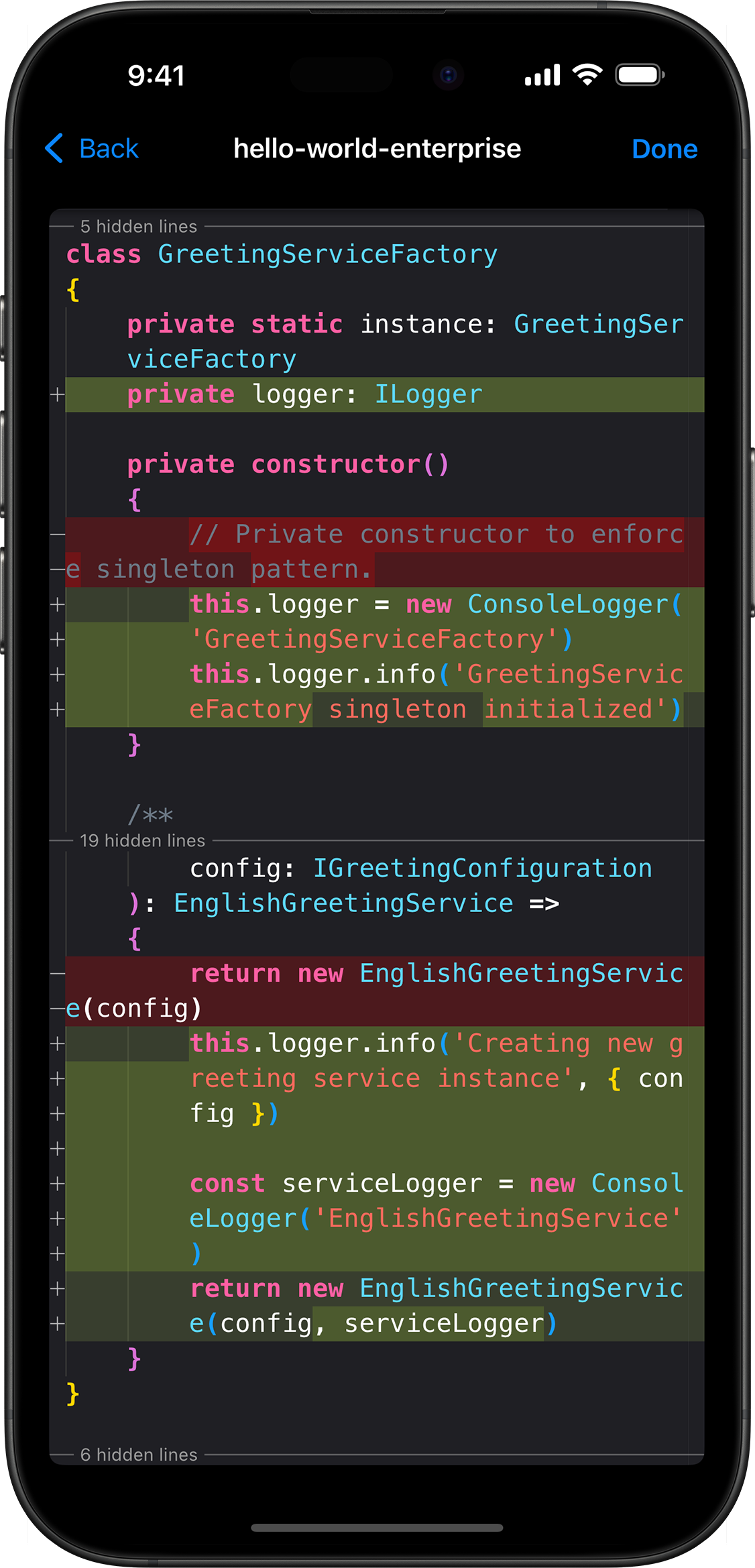 Git diff of TypeScript code.