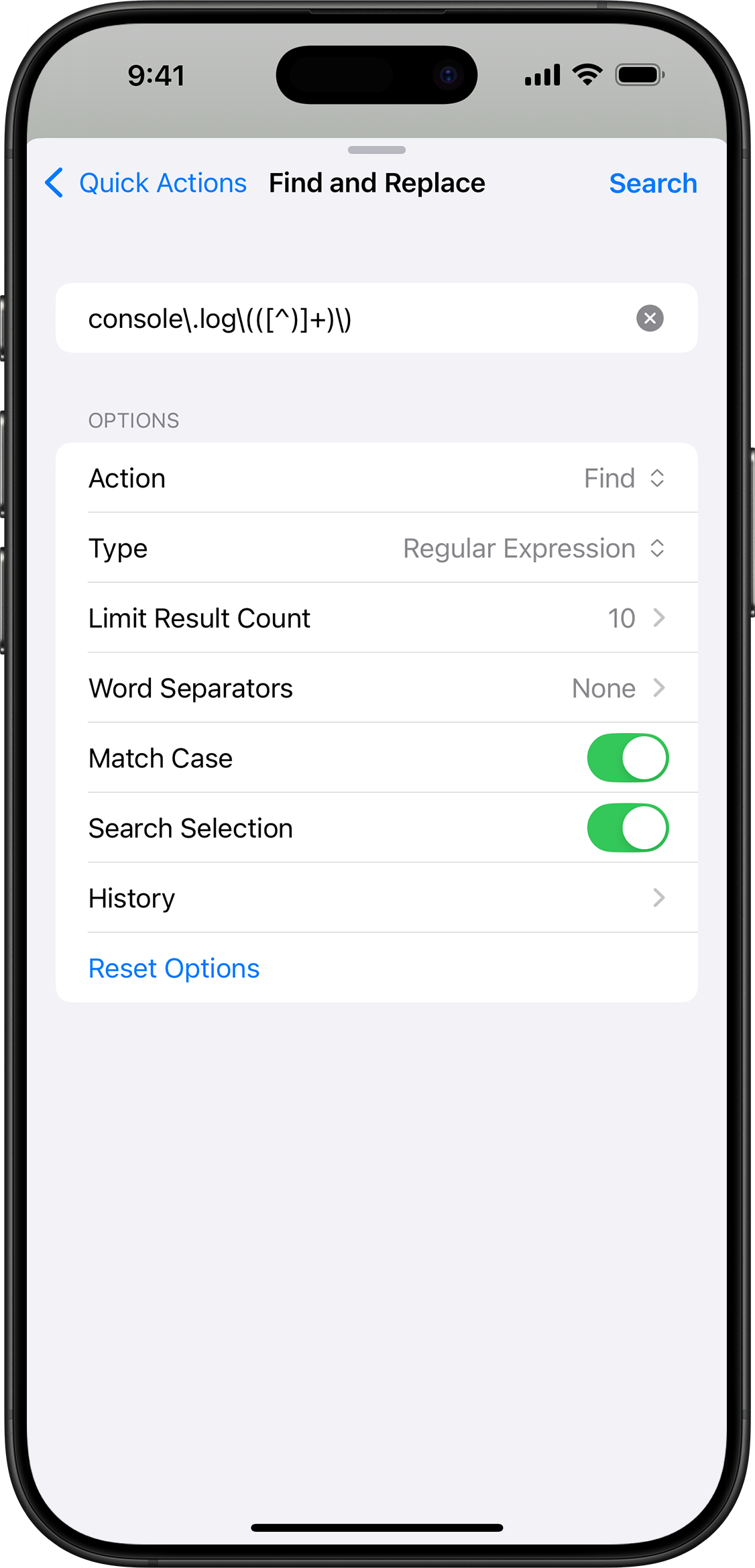 Find and Replace using a regular expression, limited results, case matching, and search-in-selection.