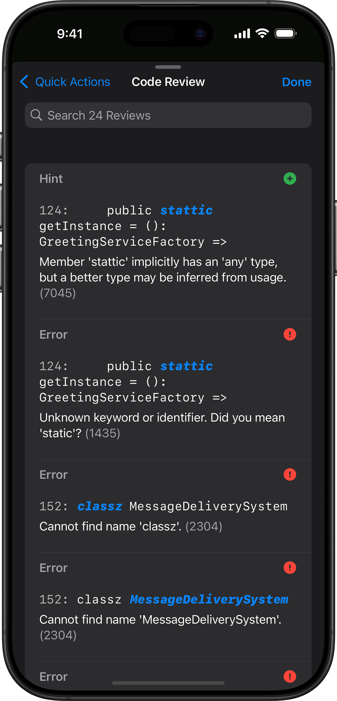 Code review of TypeScript code, showing hints and errors, along with suggestions to fix the errors.