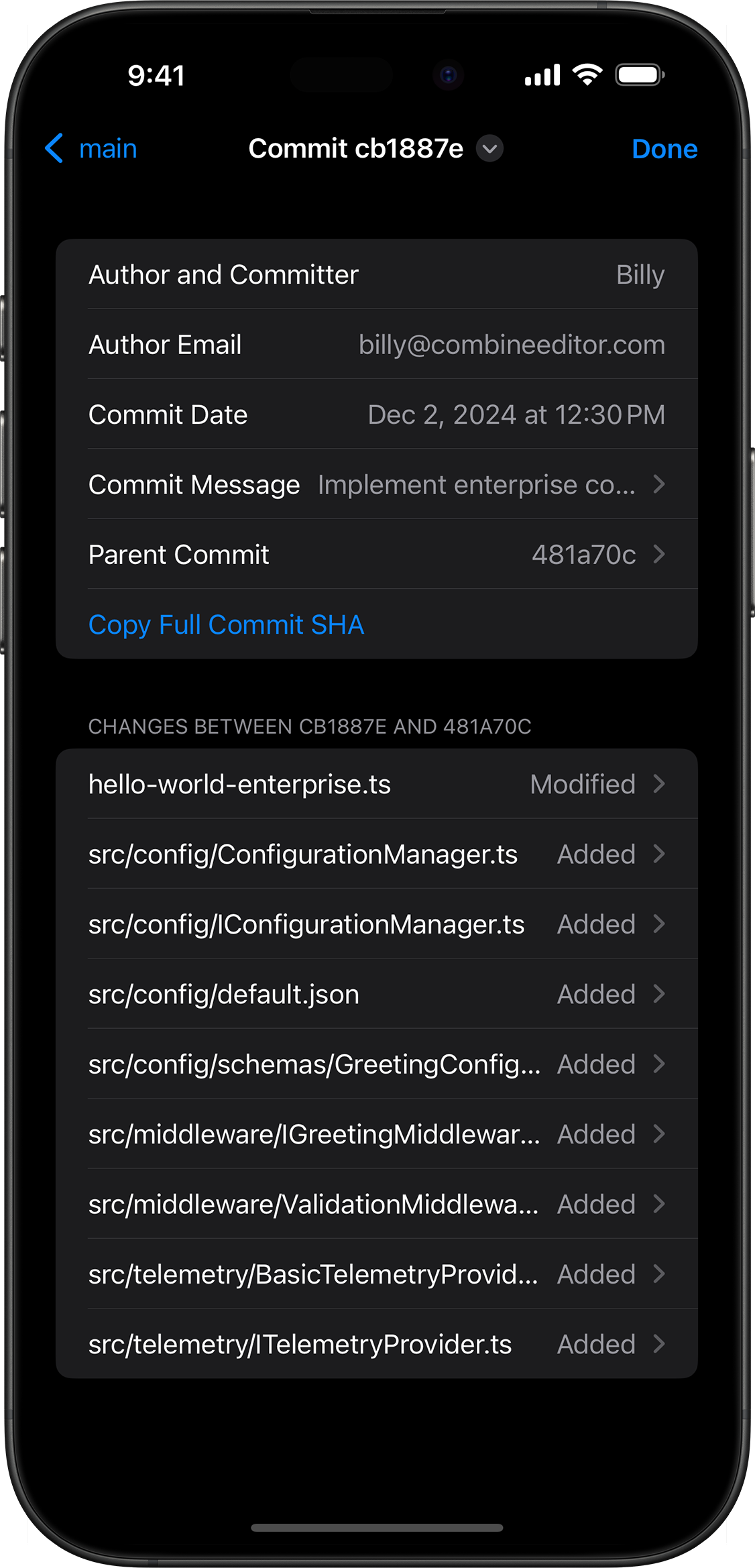 Git commit details.
