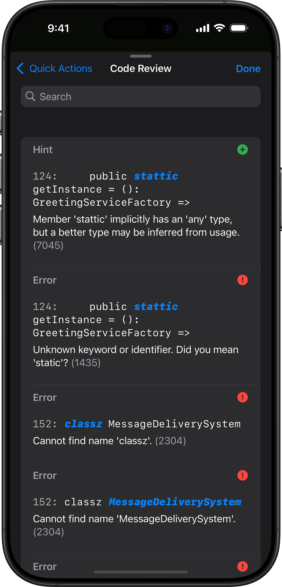 Code review of TypeScript code, showing hints and errors, along with suggestions to fix the errors.