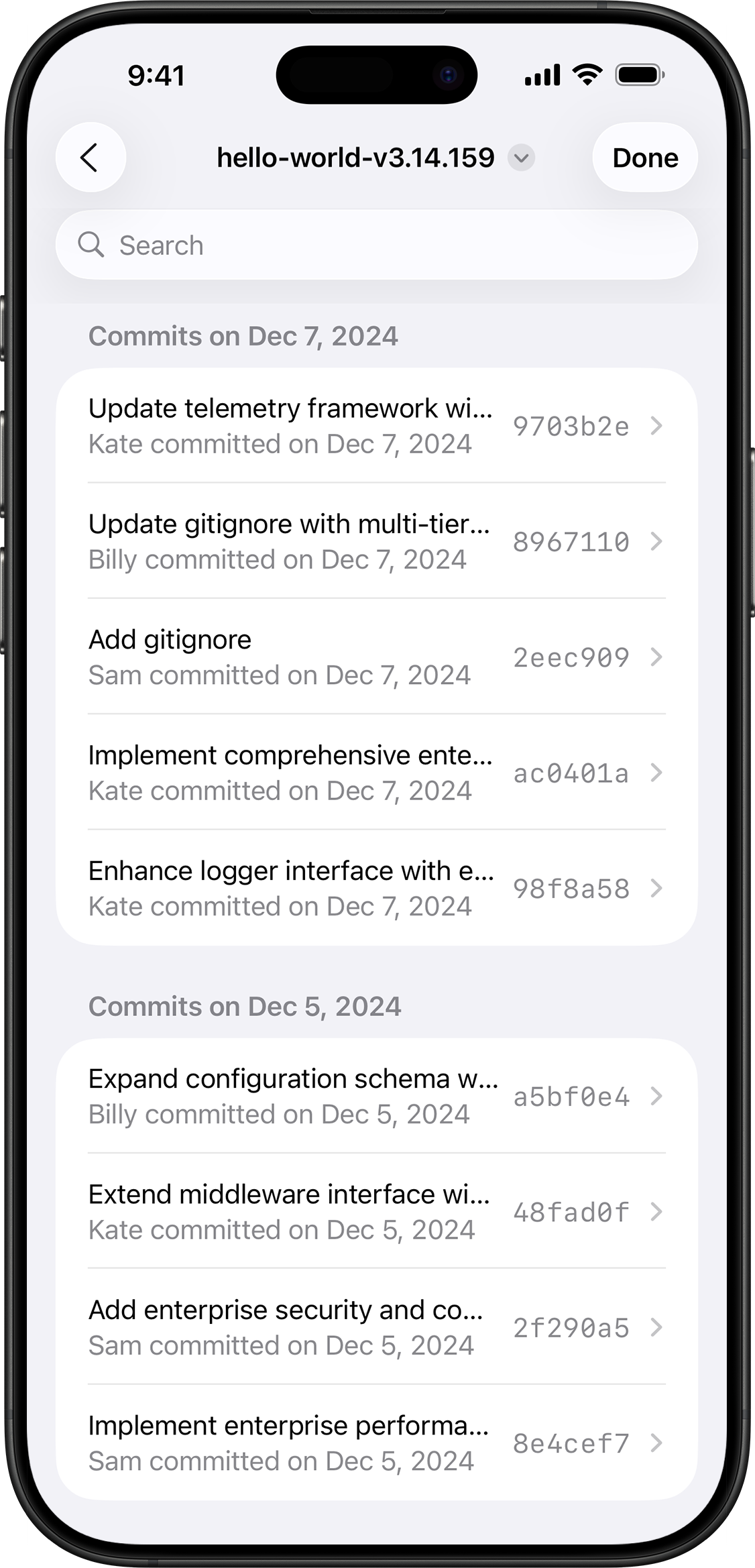 Git commit history of a branch.