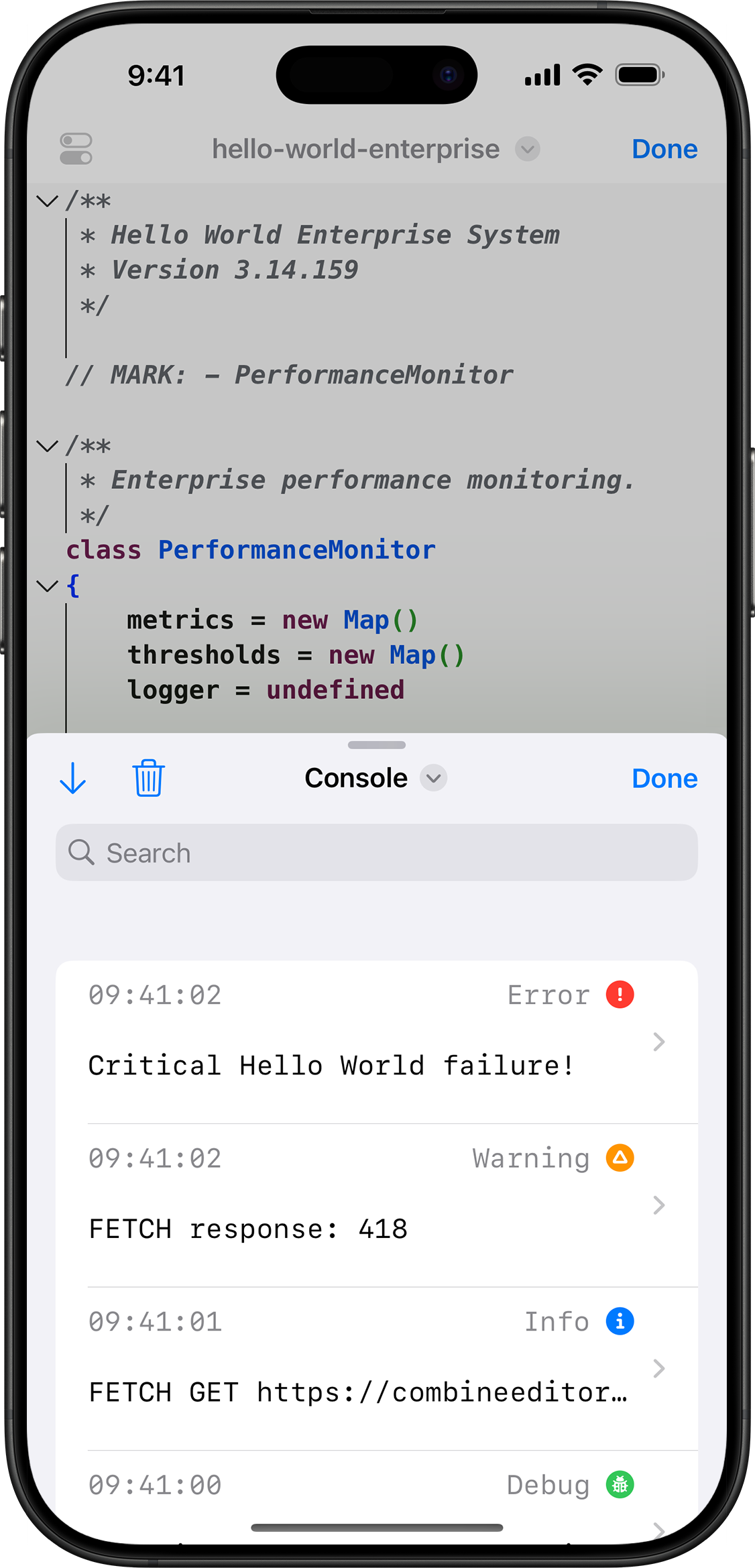 Live code execution with console output and network monitor.
