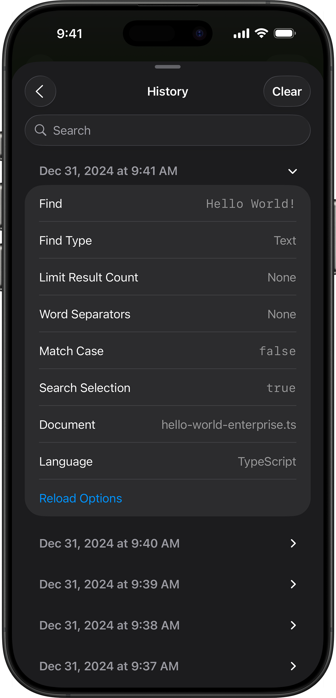 Find and Replace search history.